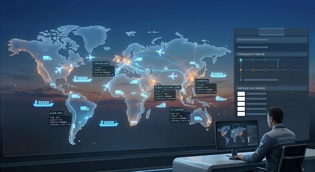 Multiple exposures of Businessman touching tablet for analyze stock at logistics port and world map with logistic network distribution on background, transportation trading business concept