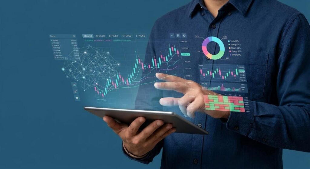 Businessman trading online stock market on teblet screen, digital investment concept