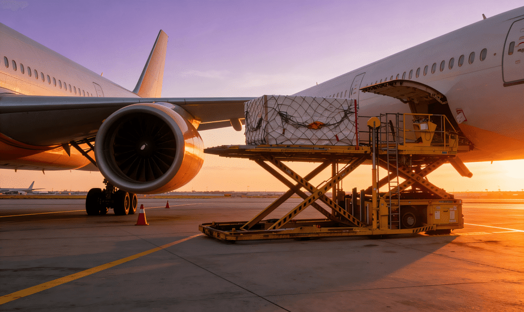 Preparation Before Flight. Loading Of Cargo Containers Against Jet Engine Of Freight Airplane.