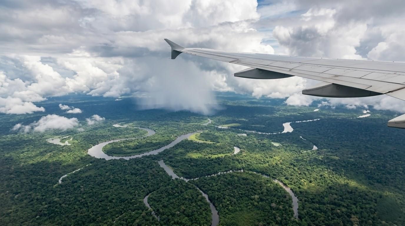 Airplane flying above the Amazon Rainforest of Guyana
