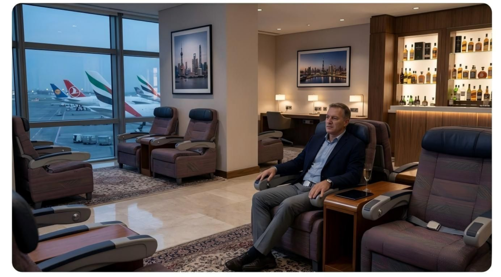 Traveler receives real-time flight delay alert and lounge booking offer in mobile ap